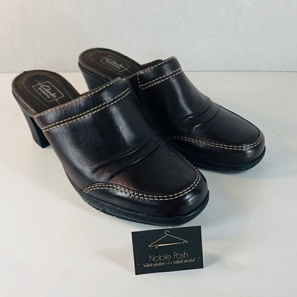 Clarks Brown Leather Heeled Mule Loafers - Picture 1 of 6